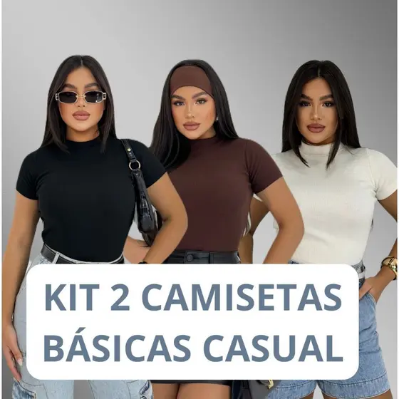 KIT 2 Blusa Básica Ribana Canelado Premium Casual Moda Gringa Basico Camiseta T-Shirt
