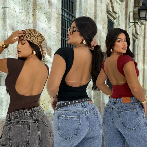 Body Blusinha Manga com Decote Costa Body Costa Nua Alça Larga Feminino Verão Primavera Fashion