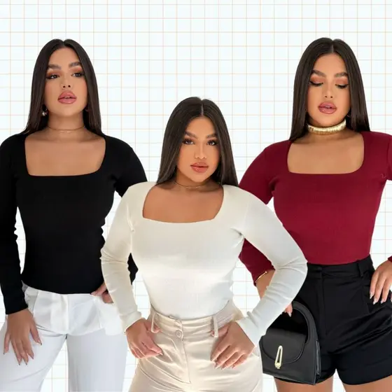 Blusa Feminina Manga Longa Confortável Básico Recorte Quadrado Ribana Premiun