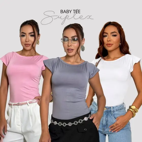 Blusa Baby Tee Básica Manga Curta Slim Babylook Suplex Ajustada Unidade Gola ganoa