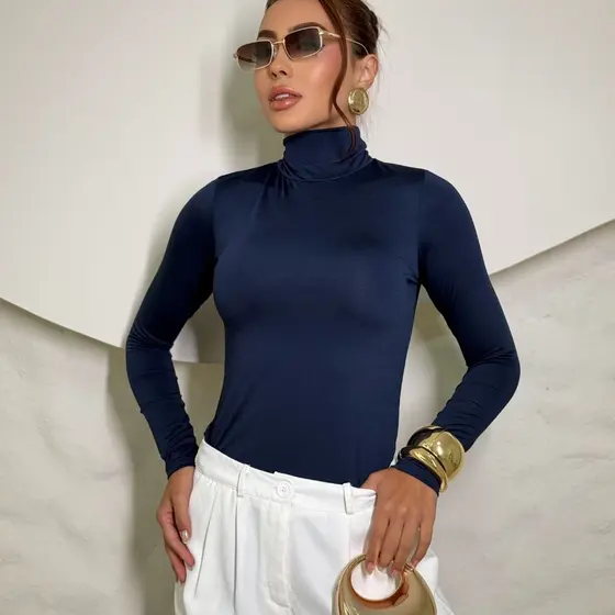 Blusa Feminina Cacharrel Manga Longa Gola Alta Suplex Poliamida Inverno Moda Básica Casual Trabalho