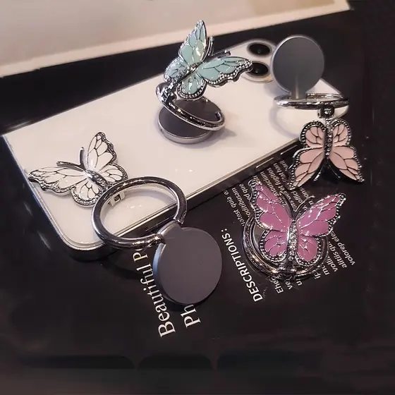Borboleta De Luxo Universal De Alta Qualidade Prata Brilhante Diamante 180 ° Dobra 360 Suporte Do Anel De Rotação Telefone Smartphone Da Caixa Traseira