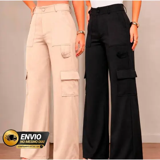 2 ou 1 Calça Cargo Feminina Alfaiataria Pantalona Wide Leg Casual Moda Blogueira Elegante bolsos reais