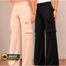 2 ou 1 Calça Cargo Feminina Alfaiataria Pantalona Wide Leg Casual Moda Blogueira Elegante bolsos reais
