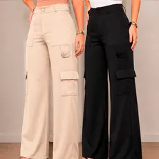 Calça Pantalona Cargo Feminina Alfaiataria Wide Leg Social Casual Moda Blogueira Elegante Elástico