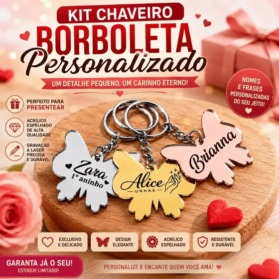 Kit de chaveiro de borboleta em acrílico espelhado, nome/frase/logotipo personalizado, presente/lembrança