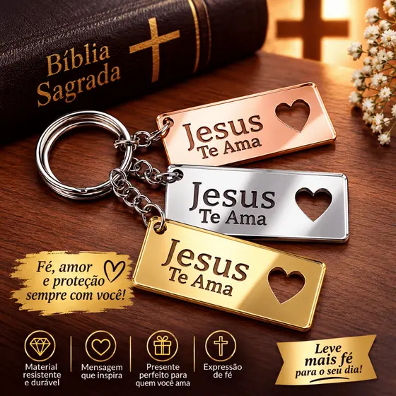 Kit Chaveiros Jesus Te Ama em Acrílico Espelhado Lembrancinhas Brinde