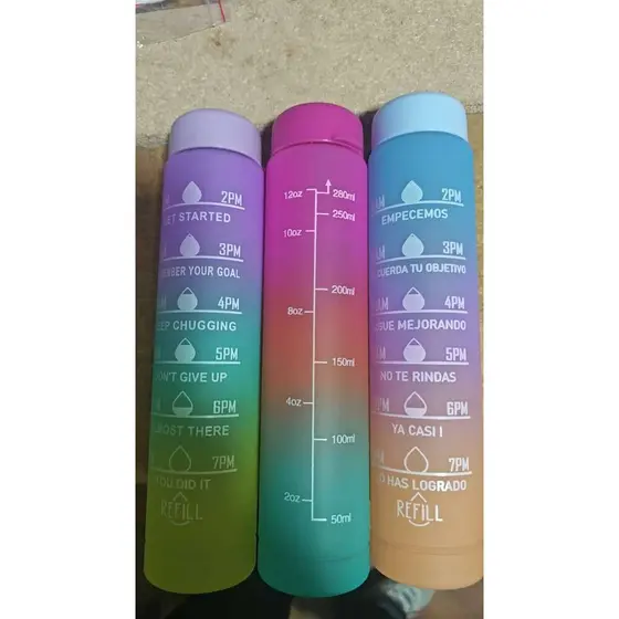 Garrafa de água com frases motivacional 300ml com canudo e adesivos
