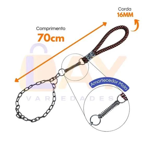 Guia Enforcador Elo Corrente c/ Amortecedor Mola Passeio Pet Médio Grande Porte Cães Cachorro *70cm