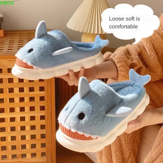Chinelos De Pelúcia De Tubarão KBOX , Sapatos De Inverno De Animais Fofos , Pele Quente Antiderrapantes E Macios