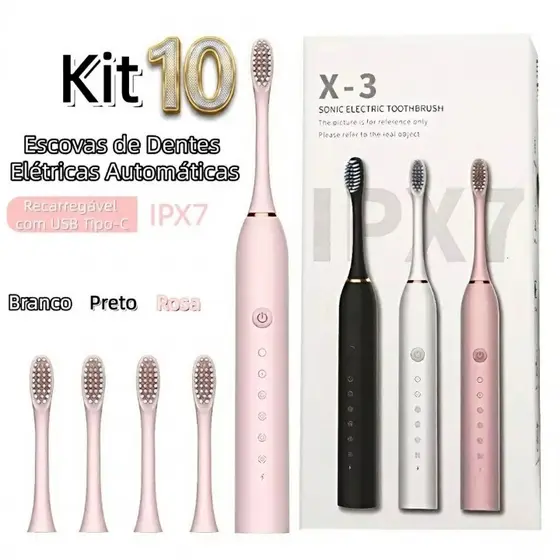 Escova de Dente Elétrica IPX7 Kit 10 Unidades com Refis Inclusos Unibom