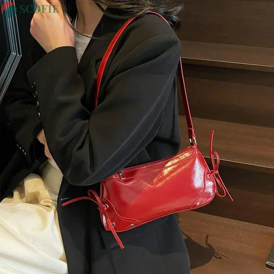 Bolsa De Axila SCOFIE , Ombro De Cor Sólida De Designer , Linda Feminina De Couro PU Y2K Com Gravata Borboleta Para Meni