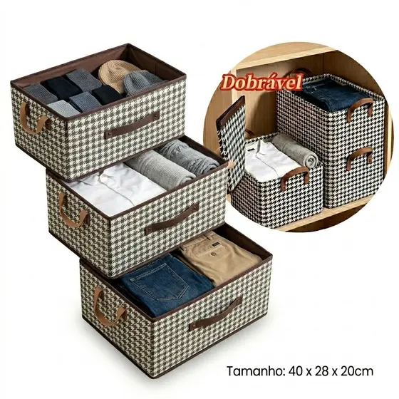 Kit com 3 Caixas Organizadoras de Roupas Dobráveis, Com Alças, Armazenamento de Guarda-Roupa