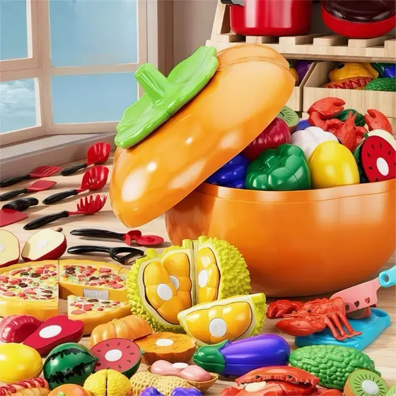 Kit Cozinha Infantil 31 Peças Caqui com Frutas de Corte para Brincar Educativo