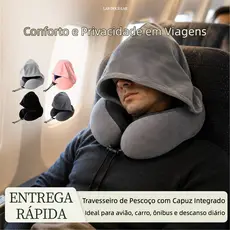 Almofada de Pescoço com Capuz para Viagem em Avião, Carro e Ônibus
