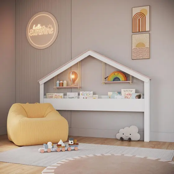 Cabeceira Cama Infantil Estilo Casinha com Livreiro e Prateleira Suspensa por Cordas Quarto Infantil