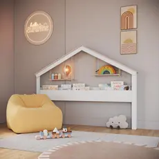 Cabeceira Cama Infantil Estilo Casinha com Livreiro e Prateleira Suspensa por Cordas Quarto Infantil