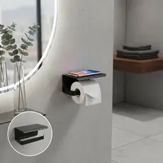 Suporte Papel Higiênico de Parede Alumínio Preto Fosco – Porta Papel com Apoio para Celular
