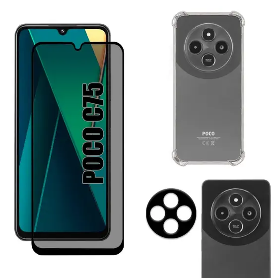 Kit Para Xiaomi Poco C75 | Película de Privacidade 3D - Capa Anti Shock - Película da Câmera 3D