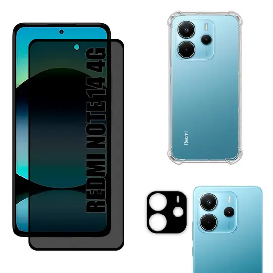 Kit Para Redmi Note 14 4G | Película de Privacidade Fosca - Capa Anti Shock - Película da Câmera 3D