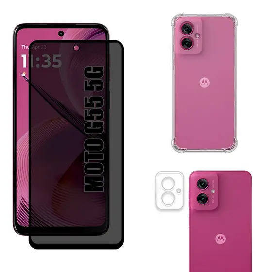 Kit Para Moto G55 5g | Película de Privacidade Fosca - Capa Anti Shock - Película da Câmera 3D