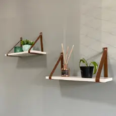 Kit 2 Prateleira de MDF Branco 45x15 com Alças de Couro para Sala Cozinha Quarto Banheiro