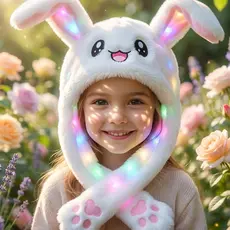 Touca de Pelúcia Animada com Orelhas Longas em Movimento e Luz LED – Estilo Coelho Panda Super Fofinho e Diferente
