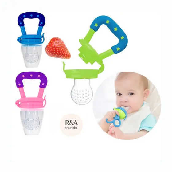 Mordedor Infantil de Silicone com Porta Alimentos Chupeta Alimentadora Kit Colher dosadora