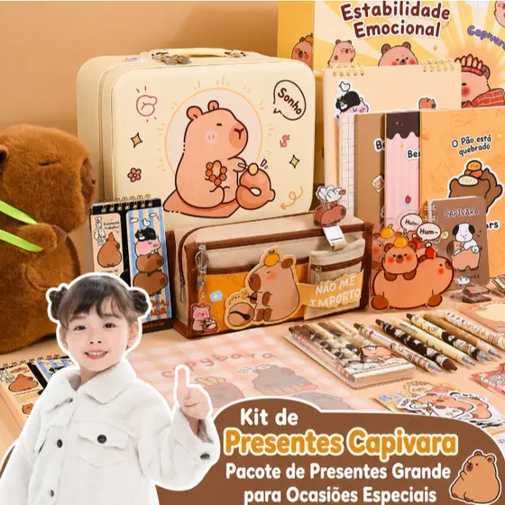 Kit de Papelaria Capivara Completo Estojo Escolar com Canetas Caderno Presente Infantil