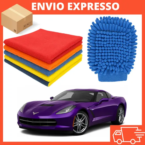 Kit de Lavar Carro Moto Limpeza automotiva Luva +5 Pano Microfibra Super Absorvente Multiuso