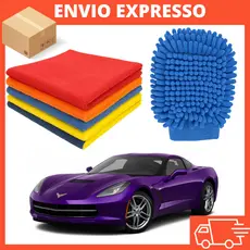 Kit de Lavar Carro Moto Limpeza automotiva Luva +5 Pano Microfibra Super Absorvente Multiuso