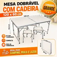 Mesa Dobrável COM CADEIRA Ajustável Portátil 120x60cm Branca para Camping Praia level facil monta