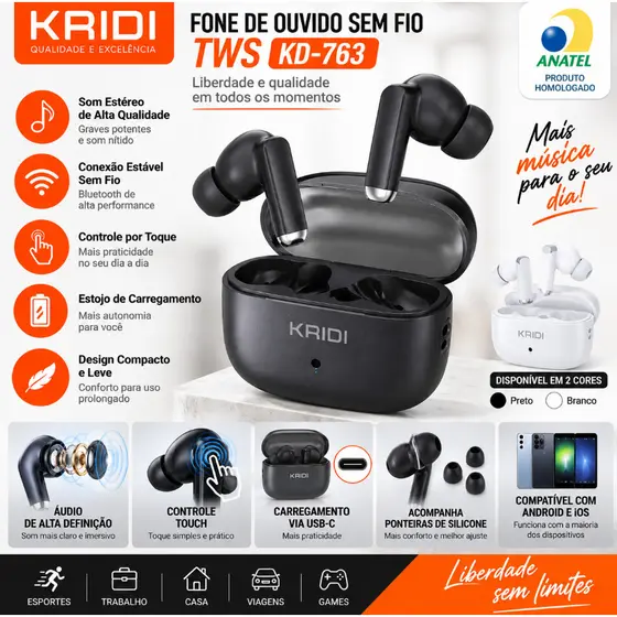 Fone Bluetooth KAIDI KD-763 Sem Fio Bluetooth 5.1 Esportivo com Microfone Original