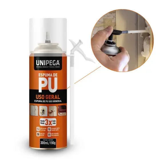 Espuma Expansiva Poliuretano 300ml 190g Unipega Uso Geral Fixação Vedatudo