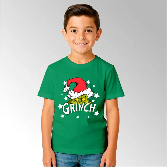 Camiseta Infantil e Adulto Unissex Kit de Familia de Natal do Grinch Com Gorro do Papai Noel