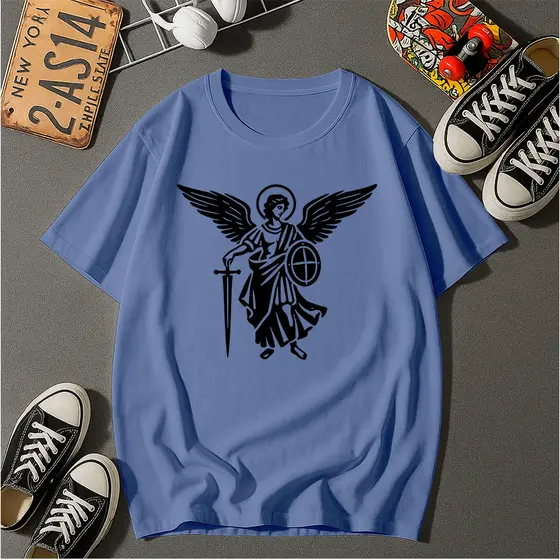 Camiseta Básica Arcanjo Miguel 100% Algodão Religiosa Cristão T-shirt, Blusas para Sair