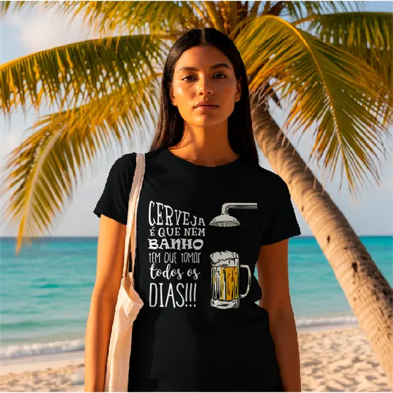Camiseta Unissex com Frases de meme par diversão do Verão "Cer veja é igual banho tem que tomar"