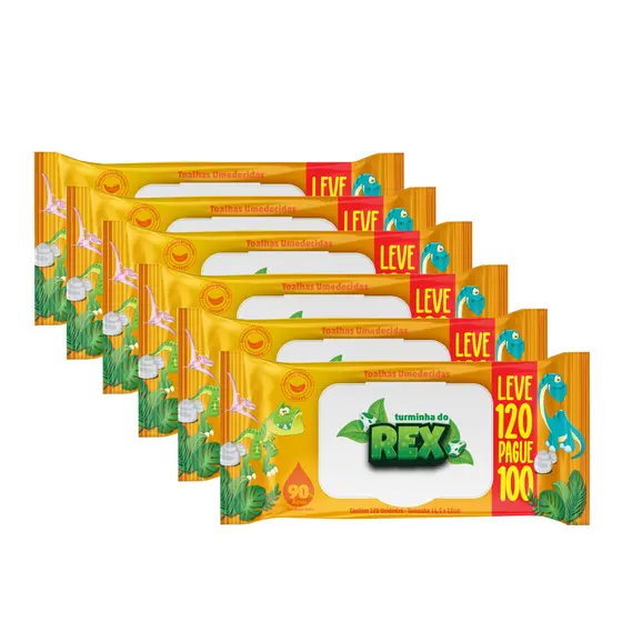 Kit C/6 Lenço Umedecido Turminha Do Rex Leve 120 Pague 100 Unidades