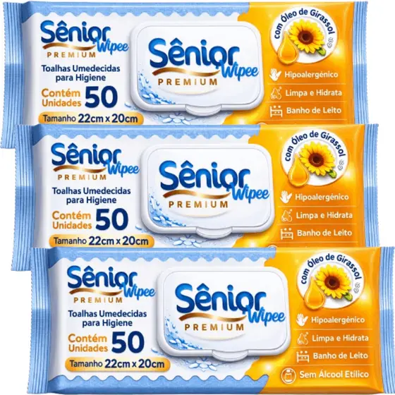 Kit C/3 Toalha Umedecida Sênior Wipes Premium C/50 Uni Total 150