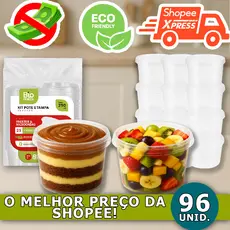 Kit 96 Pote Plástico Redondo 250ml com Tampa Embalagem Bolo de Pote, Sorvete, Doces