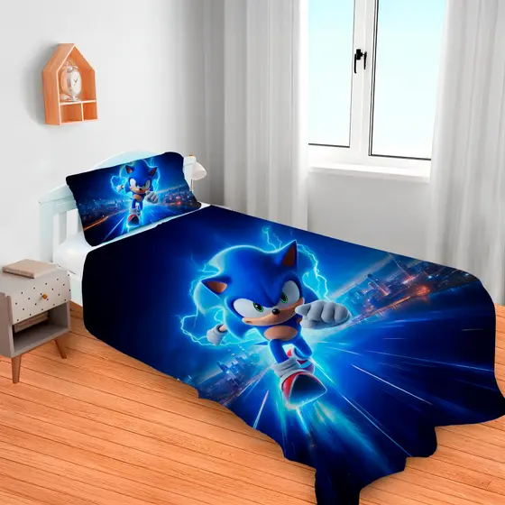 Lençol Cobre Leito Solteiro e Fronha SONIC AZUL / Pronta entrega/ envio imediato