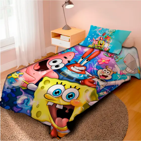 Lençol Cobre Leito Solteiro e Fronha Bob Esponja Calça Quadrada  / Pronta entrega/ envio imediato