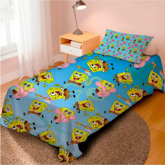 Lençol Cobre Leito Solteiro e Fronha Bob Esponja Calça Quadrada  / Pronta entrega/ envio imediato