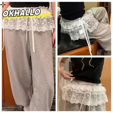 OKHALLO Mini Saia De Renda , Com Babados E Flores Bordadas Harajuku , Saias Franzidas Transparentes