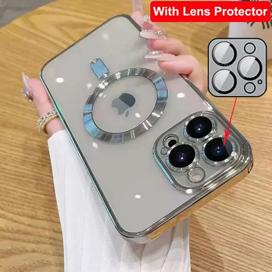 Luxo Transparente Chapeamento Para Magsafe Caso Magnético iPhone 16 15 14 13 12 11 Pro Max Silicone Capa Clara
