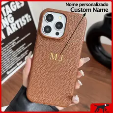 Luxo Personalizado Letras De Ouro Nome DIY Cor Sólida Couro Do Plutônio Caso Duro Para iPhone 16 15 14 13 12 11 Pro Max