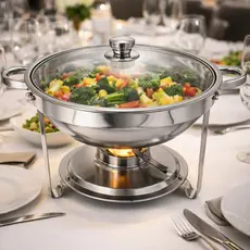 Rechaud Inox Redondo 6 Litros Banho Maria Aquecedor Alimento aço inox 6 litros Aço Inox com Tampa de Vidro