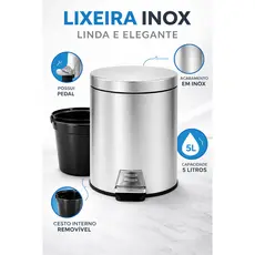 Lixeira Inox 5 Litros c/ Pedal e Cesto Removível Lixo Pequeno Banheiro Cozinha Casa Escritório