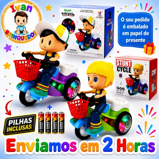 Triciclo Infantil Musical Com Luz Bate e Volta Gira 360° Brinquedo + Pilhas Inclusas