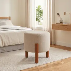 Puff Redondo Pés Madeira Maciça 45cm Sala Quarto Closet Assento Apoio Luxo Moderno Canto